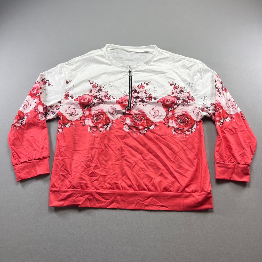 Womens Sweatshirt 2XL White Red Floral Print French Terry Half Zip Long Sleeve